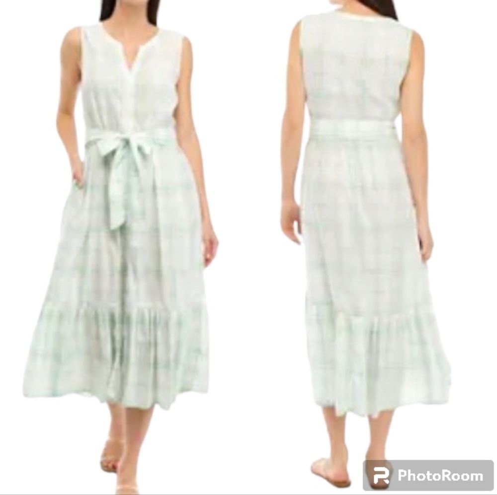 Chaps Mint Plaid Sleeveless Midi Shirtdress Belted